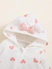 SHEIN Baby Girl 1pc Heart Print 3D Ear Detail Hooded Jumpsuit - Multicolor - View 3