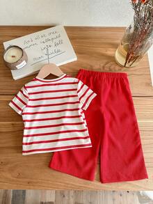 Babygirl Cute Knitted Pink Striped Short Sleeve Top And Elastic Waist Pants Set