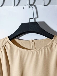 Franclia 女式优雅纯色褶皱圆领灯笼袖连衣裙，秋季 - 杏色 - 查看 3