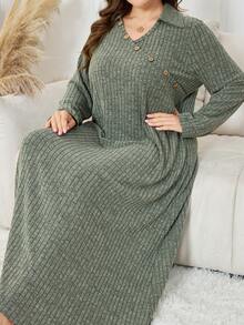 Lacomfia Plus Size Elegant Casual Solid Color Ribbed Long Sleeve Dress - Army Green - View 1