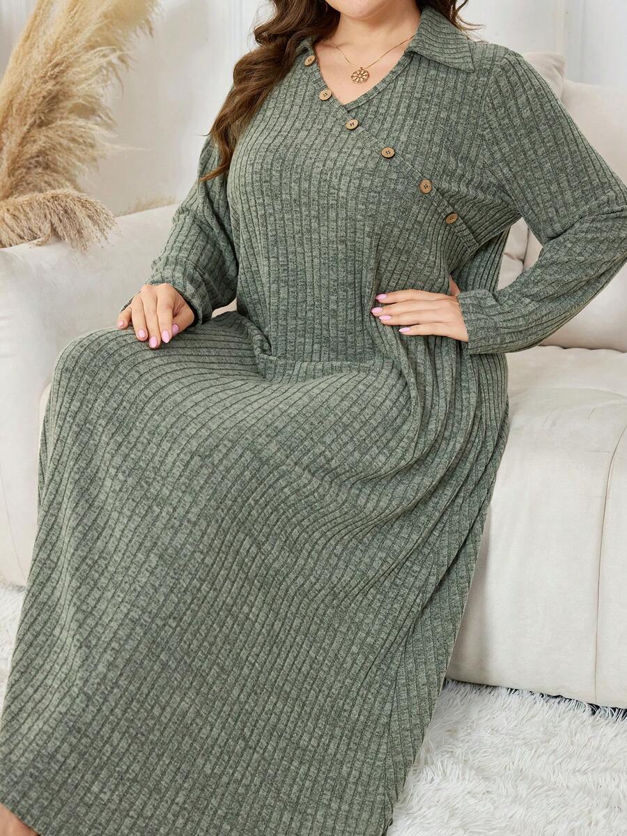 Lacomfia Plus Size Elegant Casual Solid Color Ribbed Long Sleeve Dress - Army Green - View 1