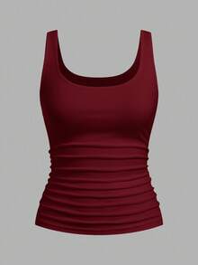 Slaydiva Black & Burgundy Women's Casual Crew Neck Ruched Bodycon Tank Top Set, Versatile For Daily Wear - Multicolor - View 3