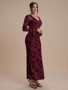 Modelyn Vestido largo de mujer con cuello en V, manga larga, estampado floral y perlas falsas - Burdeos - Ver 6