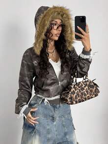 StreetHx 女式休闲时尚街头风格迷彩印花拼布仿皮草连帽拉链短款夹克，秋冬 - 銅色 - 查看 1