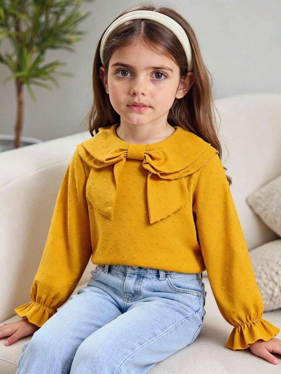 Tween 女童纯色彼得潘领宽松可爱长袖衬衫 - 黃色 - 查看 1