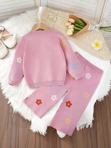 SHEIN 2pcs Baby Girls Floral Print Knit Cardigan Sweater And Wide Leg Pants Set, Casual, Comfortable, Versatile, Suitable For Everyday Wear, Autumn/Winter - Pink - View 2