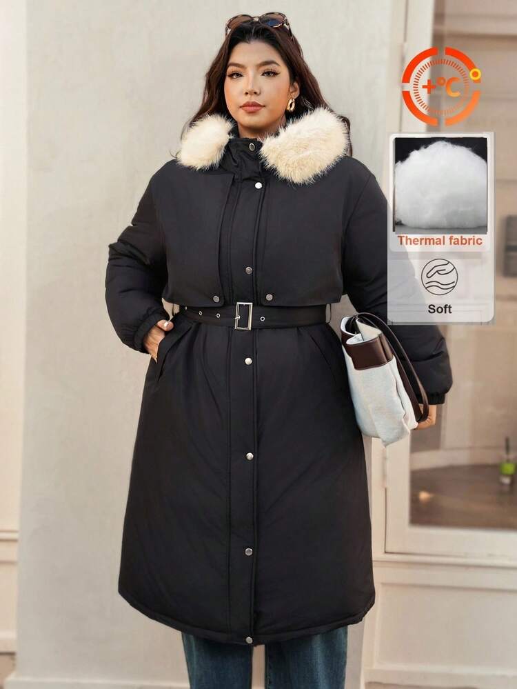 Vionelle Plus Size Long Sleeve Fur Collar Casual Coat With Belt