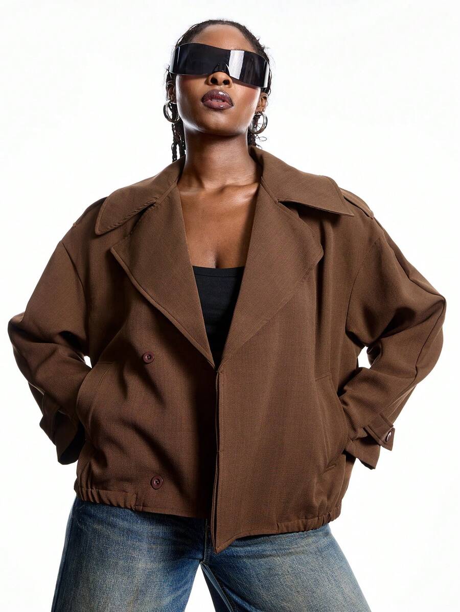 LYSMO Plus Size Brown Herringbone Plus Size Short Windbreaker, Autumn/Winter - Brown - View 1