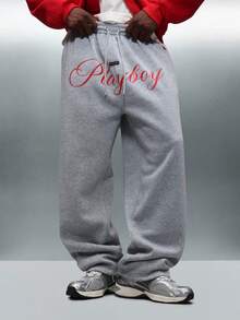 PLAYBOY X SUMWON 宽松阔腿法式毛圈慢跑运动裤，腰部配有优雅的文字抽绳，时尚街头下装，舒适家居服 - 灰色 - 查看 1