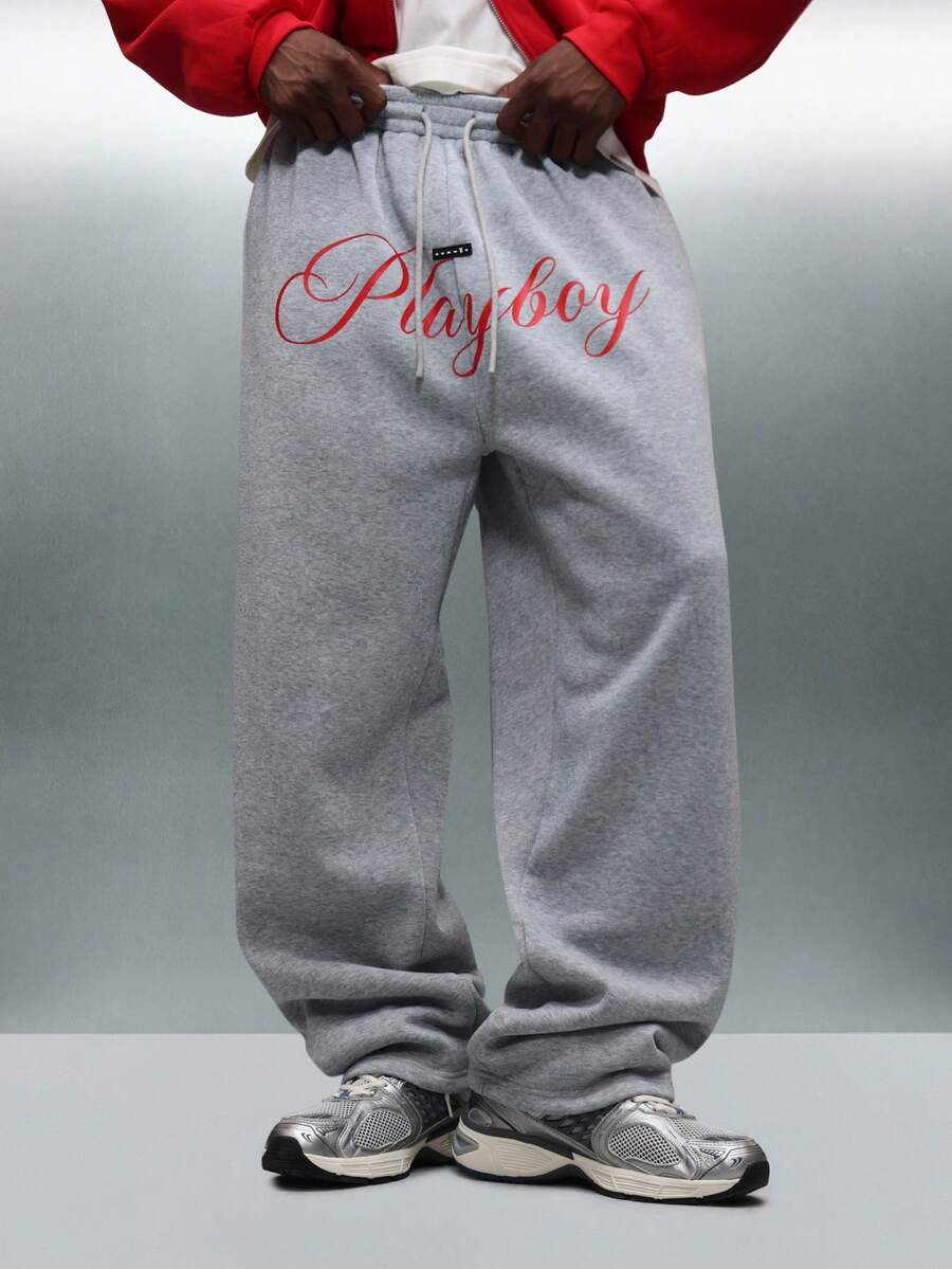 PLAYBOY X SUMWON 宽松阔腿法式毛圈慢跑运动裤，腰部配有优雅的文字抽绳，时尚街头下装，舒适家居服 - 灰色 - 查看 1