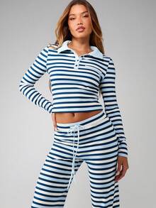 MISSGUIDED طقم ملابس نسائية مريحة للاسترخاء مكون من ملابس علوية قصيرة ذات ياقة وخطوط أفقية وبنطال واسع الساق - متعدد الألوان - مشاهدة 1