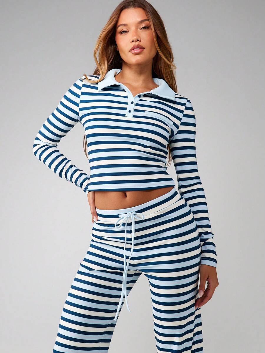 MISSGUIDED طقم ملابس نسائية مريحة للاسترخاء مكون من ملابس علوية قصيرة ذات ياقة وخطوط أفقية وبنطال واسع الساق - متعدد الألوان - مشاهدة 1