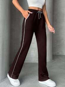 Drawstring Waist Slant Pocket Casual Flare Legs Sweatpants - Coffee Brown - View 4