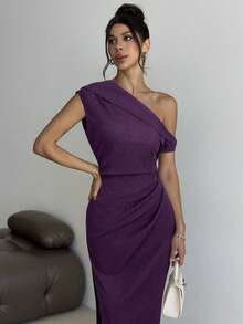 Firerie 女式不对称肩部褶皱开衩中长连衣裙，优雅亚麻混纺面料，适合商务休闲、外出、旅行、返校、约会、通勤 - 紫色 - 查看 6