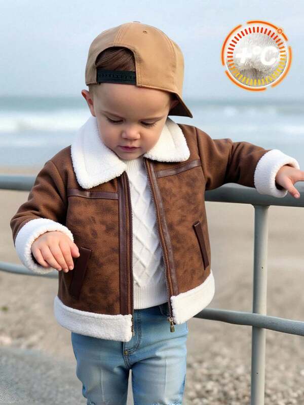 SHEIN Unisex Baby Toddler PU Leather Patchwork Thermal Lined Jacket, Suitable For Indoor, Outdoor, Casual, Sports, Play, Party, Photo Shoot, Holiday, Festival, Rave In Autumn/Winter Season