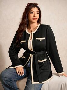 Elaquor Plus Size Elegant Commuter Color Block Ribbon Jacket Autumn Winter Clothes For Women - Black - View 4