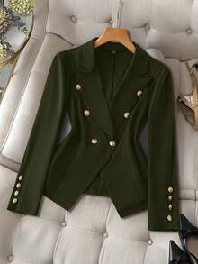 EMERY ROSE Fashionable Commuter Solid Color Double-Breasted Suit Jacket - Army Green - View 3