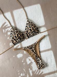 Swim Vcay Women's 2-Piece Leopard Print Rope Strap Pants Bikini Set, Halter Design, Vacation Style, Spring/Summer - Brown - View 1