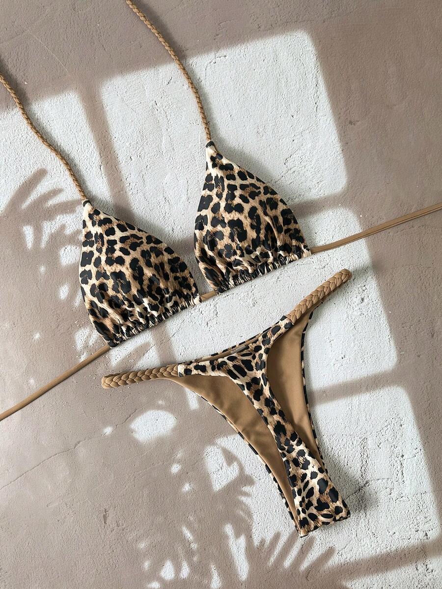 Swim Vcay Women's 2-Piece Leopard Print Rope Strap Pants Bikini Set, Halter Design, Vacation Style, Spring/Summer - Brown - View 1
