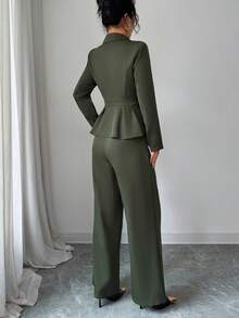 Elenzga Áo khoác blazer dáng ôm tay dài màu xanh quân đội thanh lịch dành cho nữ, ve vai màu xanh lá cây, cài nút kim loại, viền bất đối xứng, xếp nếp + Quần ống đứng dáng ôm thiết kế túi màu xanh quân đội thanh lịch dành cho nữ, Xuân/Thu - xanh quân đội - Xem 2