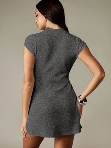 MISSGUIDED Charcoal Crew Neck Short Sleeve Ribbed Mini Dress Casual Fall Winter Bodycon Fitted - Black - View 2