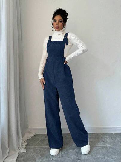 Chiquease 女式纯色无袖时尚褶皱灯芯绒连体裤