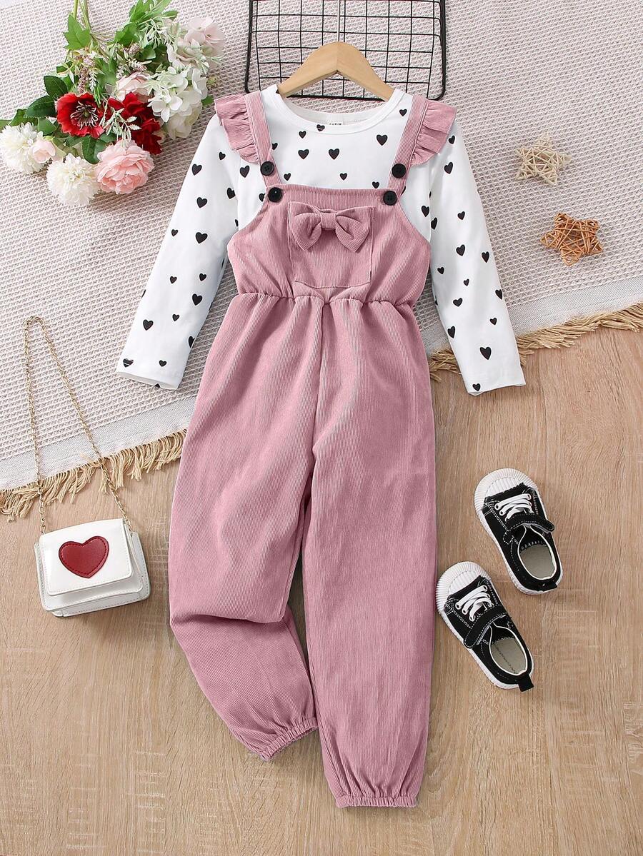SHEIN Elladie kids 女童休闲日常圆领长袖修身心形印花 T 恤搭配 3D 蝴蝶结吊带连体裤,灯芯绒面料,适合所有季节,返校装 - 粉色 - 查看 1