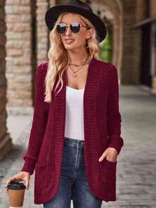 EMERY ROSE Women's Casual Ribbed Brushed Open Front Side Pocket Shorts Jacket, Lightweight - Burgundy - View 6