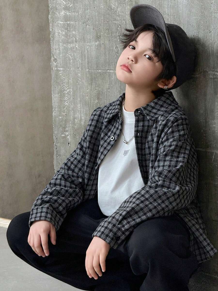 DAZY 青少年男孩格子落肩长袖单排扣休闲衬衫，秋季
