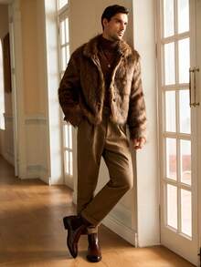 Manfinity NXTstreet 男士复古长袖仿皮草外套，秋冬季时尚之选 - 黑色 - 查看 5