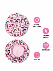 Betty Boop x SHEIN Phiên bản nâng cấp của mũ ngủ hai lớp, chăm sóc tóc, mũ ngủ satin co giãn vành rộng, mềm mại và thoải mái, thích hợp cho giấc ngủ hàng ngày ở nhà, màu hồng anh đào, ý tưởng quà tặng, tiệc tùng, ngày lễ, Ngày Valentine. - Hồng - Xem 3