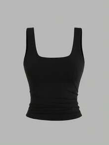 Sweetra Áo ba lỗ cổ vuông xếp ly đơn sắc đa năng cho nữ - Nhiều màu - Xem 5