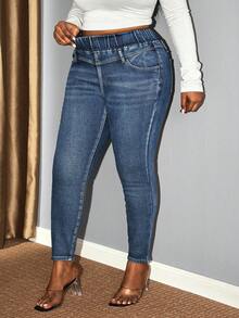 Hourglow Dollyholly86 Plus Size Casual Washed High Waist Slim Fit Jeans, For Hourglass Body Shape - Blue - View 3