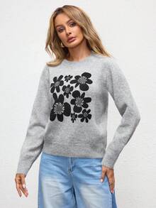 Shutterstock Glamance Women's Gray Knitted Long Sleeve Crew Neck Floral Graphic Casual Solid Color Blouse, Suitable For Outdoor, Office, Business, Commute, Travel, Airport, Street, Formal Occasions In Autumn/Winter Jumper For Woman Sweater For Women Pullover For Women Grey Sweater Floral Print Sweater Chic Stylish Clothing Collection Women Sweater Women Sweaters Cute Sweater - Grey - View 6