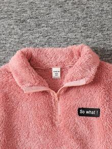 SHEIN Áo nỉ dài tay cổ đứng màu trơn đơn sắc cho bé gái mùa thu đông - Hồng - Xem 3