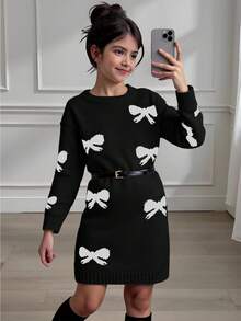 SHEIN 1pc Girls' Sweater Dress, Cute Style, Black Bow Jacquard Pattern, Round Neck, Regular Sleeve, Cuff & Hem Cinched, Regular Thickness, Elegant Knit Dress In Ivory, Intellectual & Flattering Slim Fit, Suitable For Spring, Autumn & Winter Bow Clothes Bows On Clothes Black Sweater With White Bow Print Sweater K Pop Sweater With Bows Black And White Sweater Sumwon Wednesday Addams - Black - View 6