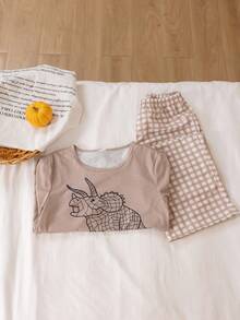 2 件男童柔软舒适薄睡衣套装，可爱卡通恐龙格子印花，休闲宽松长袖上衣和裤子睡衣 - 棕色 - 查看 4