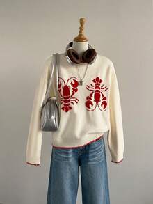 Elamini Women's Casual Lobster Pattern Jacquard Knit Sweater, Autumn/Winter