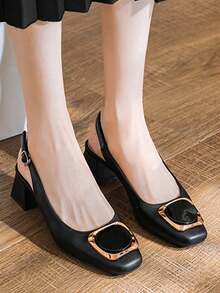 Tacones altos franceses con tacones gruesos Baotou nuevo rojo de la red exterior en verano, gran tamaño y vacío con sandalias para mujeres, Zapatos de tacón de mujer - Negro - Ver 7