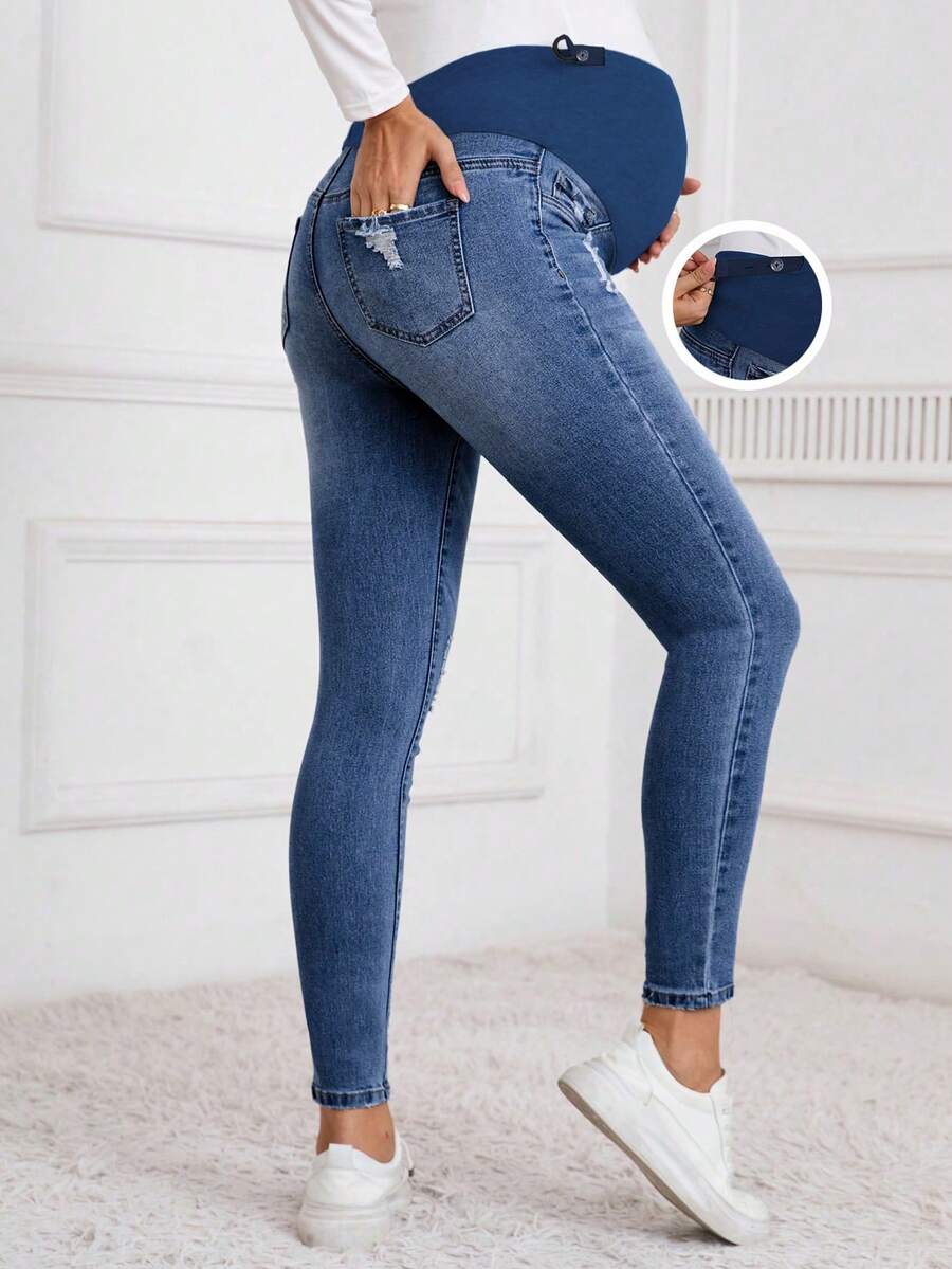 SHEIN Winter Maternity Casual Washed Distressed Skinny Jeans - Dark Wash - View 1