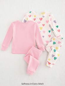 Cozy Pixies 4 件套女婴舒适睡衣套装，彩色心形印花柔软针织圆领长袖上衣和紧身裤，适合春、夏、秋、冬、情人节礼物 - 彩色 - 查看 2