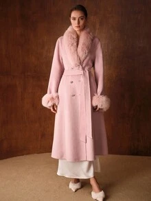 MOTF PREMIUM 羊毛领收腰修身中长款系带大衣，秋冬 - 淺粉色 - 查看 5