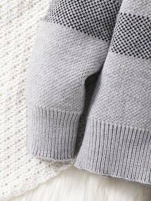 SHEIN 2pcs/Set Baby Boy/Girl Casual High Neck Plaid Sweater And Jogger Pants Set, Suitable For Autumn/Winter Wear - Grey - View 3
