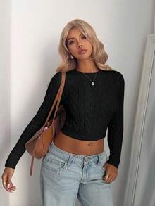Aloruh Black Sweater Women's Vintage Chunky Knit Crew Neck Fitted Long Sleeve Pullover Sweater, Minimalist Apricot Color Base Layer In Fall/Winter,Black Top,Fall,Fall Clothes For Women Fashion Clothing Street Chic - Black - View 7