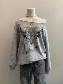 Attitoon 浅灰色休闲复古朋克 Y2K 女式宽松露肩长袖运动衫，带十字架和花卉印花，适合秋冬穿着 - 淺灰色 - 查看 4