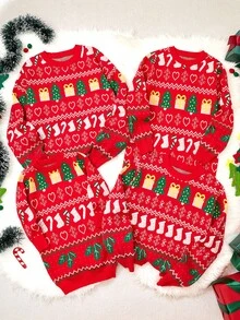 SHEIN Young Girl Round Neck Long Sleeve Colorblock Christmas Tree Pattern Sweater Dress