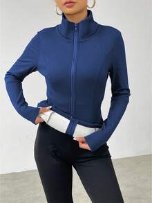 SHEIN LUNE Women's Solid Color Minimalist Everyday Zip-Up Jacket - Navy Blue - View 3