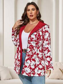 Reflora Plus Size Women Geometric Print Reversible Long Sleeve Casual Hooded Loose Jacket, Suitable For Autumn And Winter Fall - Red - View 4