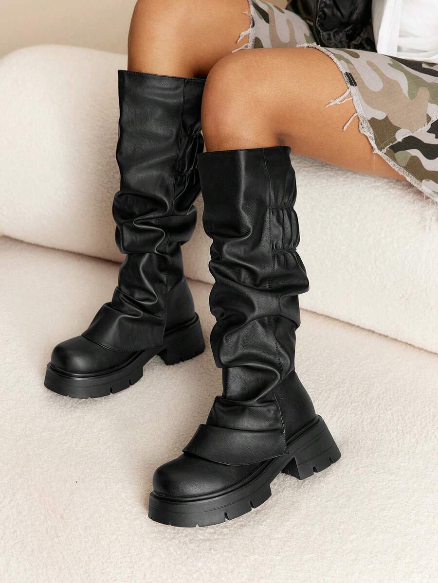 Daringsoles Women's Over-The-Knee Pleated Boots, Chunky Thick Sole Round Toe Comfortable Versatile Fashion Boots, Pant Leg Boots, Riding Boots