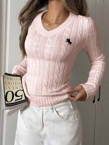 SHEIN EZwear كنزة صوفية ذات رقبة على شكل V مناسبة للمقاسات الكبيرة باللون الأسود، شعار كاجوال للخريف/الشتاء - وردي - مشاهدة 5